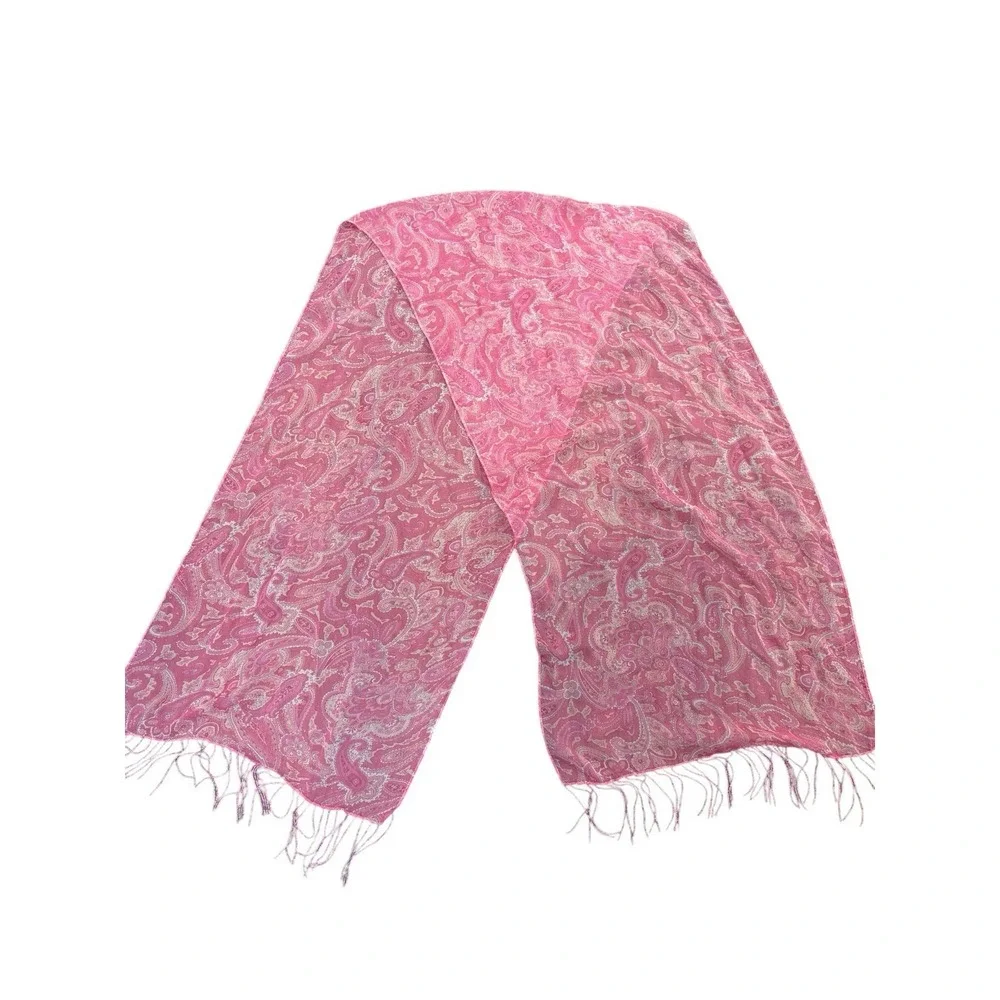 Vtg Pink Sheer Scarf Paisley Beaded Fringe 70